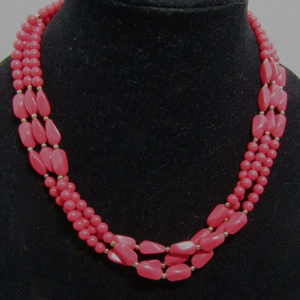 Vintage 3 strand red bead necklace 19" Light weight
